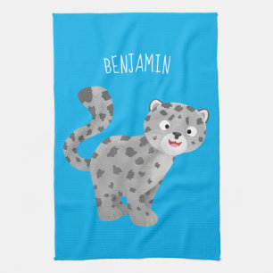 Cute snow leopard cartoon illustration tea towel