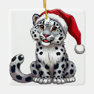 Cute Snow Leopard Cartoon in Santa Hat Ceramic Ornament