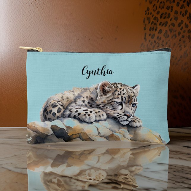 Cute Snow Leopard Cub And Light Blue Sky Monogram Accessory Pouch (Creator Uploaded)