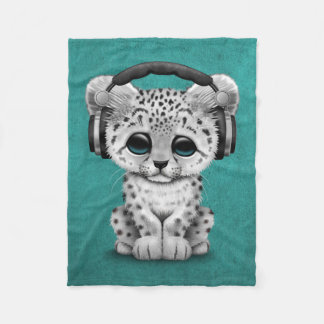 Cute Snow leopard Cub Dj Wearing Headphones Blue Fleece Blanket