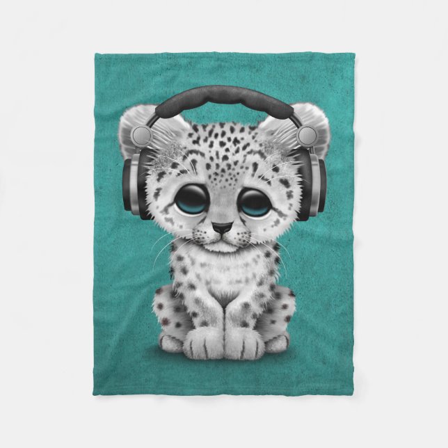 Cute Snow leopard Cub Dj Wearing Headphones Blue Fleece Blanket (Front)