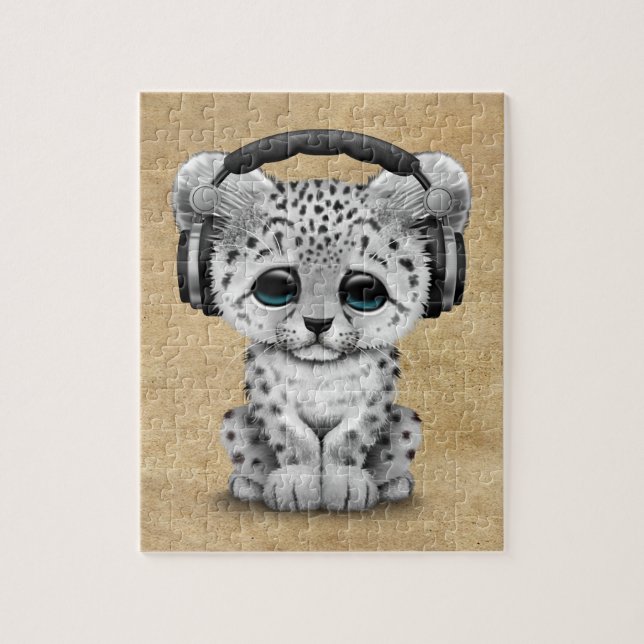Cute Snow leopard Cub Dj Wearing Headphones Jigsaw Puzzle (Vertical)