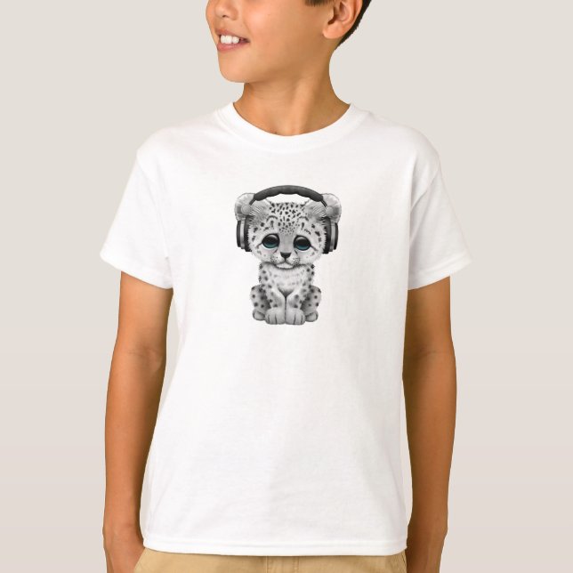 Cute Snow leopard Cub Dj Wearing Headphones T-Shirt (Front)