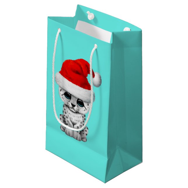 Cute Snow leopard Cub Wearing a Santa Hat Small Gift Bag (Front Angled)