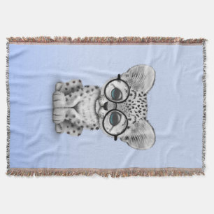 Cute Snow Leopard Cub Wearing Glasses on Blue Throw Blanket