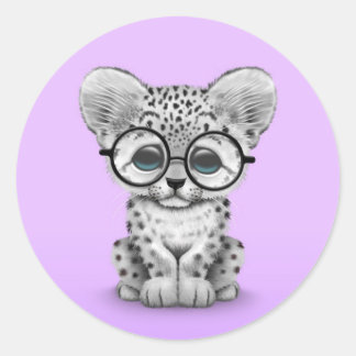 Cute Snow Leopard Cub Wearing Glasses on Purple Classic Round Sticker