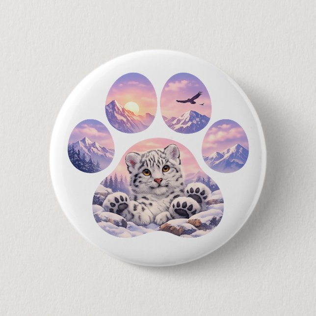 Cute Snow Leopard Paw Mountain Design 6 Cm Round Badge (Front)