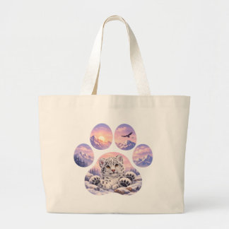 Cute Snow Leopard Paw Mountain Design Large Tote Bag