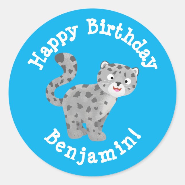 Cute snow leopard personalised cartoon birthday classic round sticker (Front)