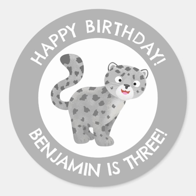 Cute snow leopard personalised cartoon birthday classic round sticker (Front)