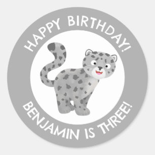 Cute snow leopard personalised cartoon birthday classic round sticker