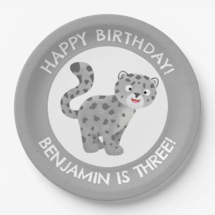 Cute snow leopard personalised cartoon birthday paper plate