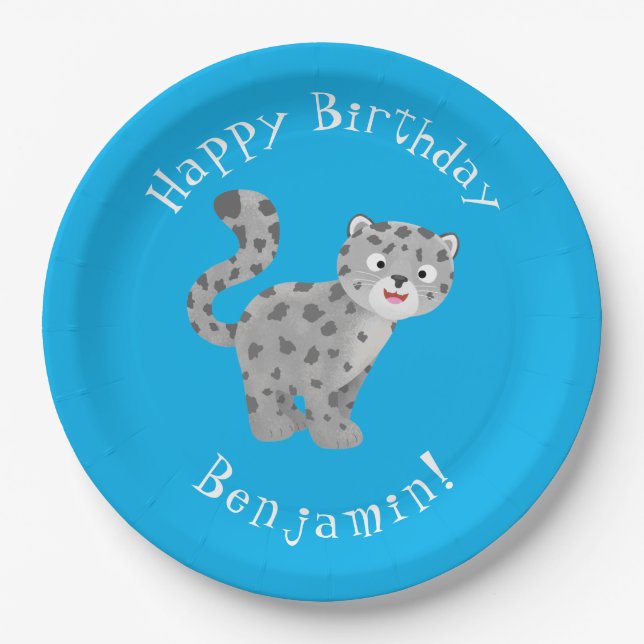 Cute snow leopard personalised cartoon birthday paper plate (Front)