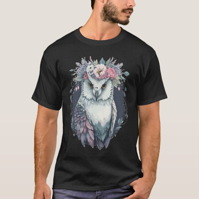 Cute Snow Owl Bird Flower Crown Floral Birds T-Shirt (Front)