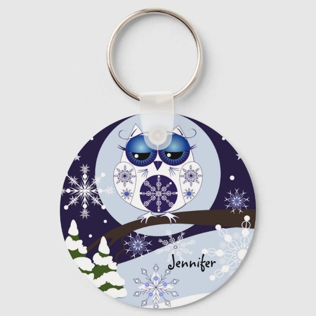Cute Snow Owl & custom Name keychain (Front)