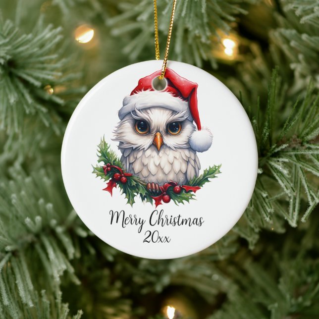 Cute Snow Owl in Santa Hat Holly Custom Ceramic Tree Decoration (Tree)