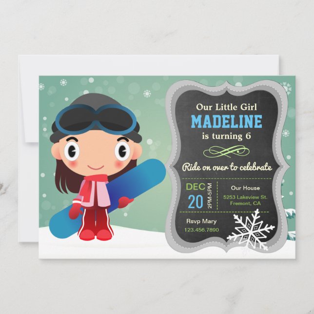 Cute Snowboard Girl Birthday Party Invitation (Front)