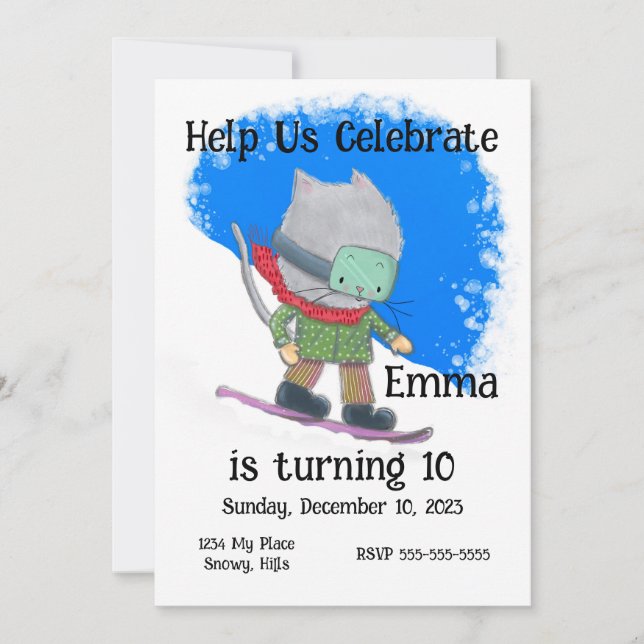 Cute Snowboarding Cat Birthday, Personalise  Invitation (Front)