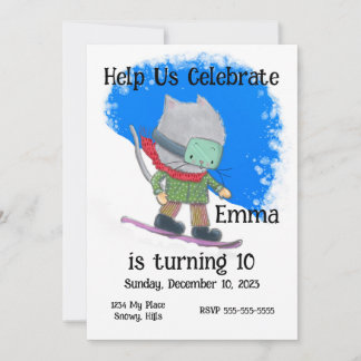 Cute Snowboarding Cat Birthday, Personalise Invitation