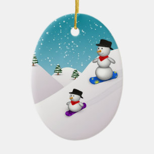 Cute Snowboarding Snowmen Ceramic Tree Decoration