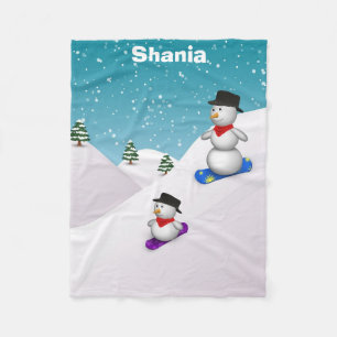 Cute Snowboarding Snowmen Fleece Blanket