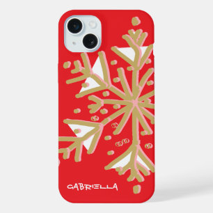 Cute snowflake monogrammed red gold girly festive iPhone 15 plus case