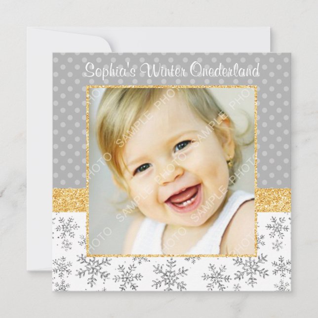 Cute Snowflake Silver Gold Winter Onederland Photo Invitation (Front)