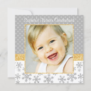 Cute Snowflake Silver Gold Winter Onederland Photo Invitation