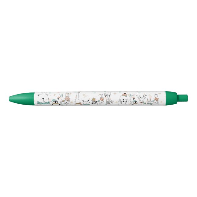 Cute Snowflakes and Holiday Animals Black Ink Pen (Front)