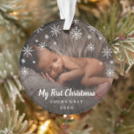Cute Snowflakes Baby Photo My First Christmas Ornament<br><div class="desc">Did you have a baby this year? Add a memory to your tree with this cute keepsake ornament featuring a modern and simple design with snowflakes and the message, "My First Christmas" in chalk script along with your baby's name and the year, over your favourite newborn photo. Add the same...</div>