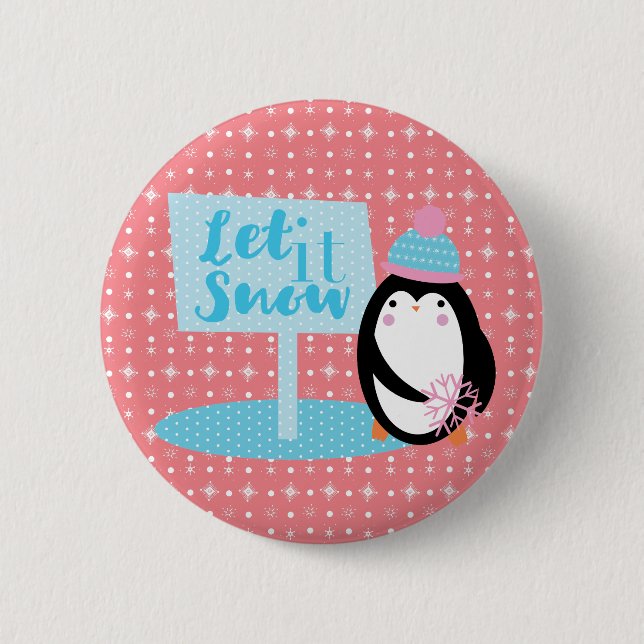 Cute Snowflakes  Black White Penguin   Button (Front)