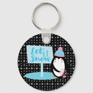 Cute Snowflakes  Black White Penguin   Button Key Ring