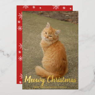 Cute Snowflakes Cat Photo Meowy Christmas Gold Foil Holiday Card