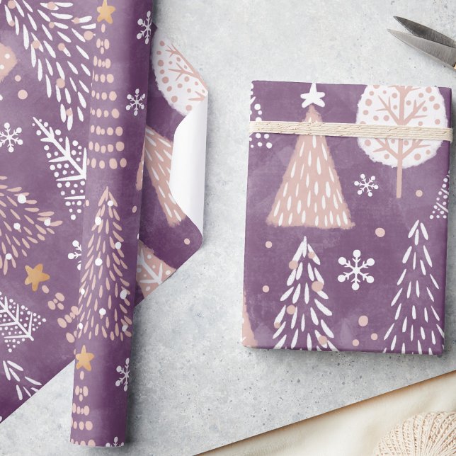 Cute Snowflakes & Christmas Tree, Purple & Peach Wrapping Paper (Creator Uploaded)
