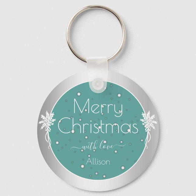 Cute Snowflakes Christmas Wishes Greetings Blue Key Ring (Front)