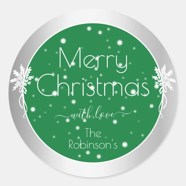 Cute Snowflakes Green and Silver Coloured Xmas Classic Round Sticker (Front)