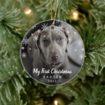 Cute Snowflakes Photo Dog My First Christmas Ceramic Tree Decoration<br><div class="desc">Did you get a new puppy this year? Add a memory to your tree with this modern keepsake ornament featuring a simple yet elegant design with the message "My First Christmas" in white chalk script and snowflakes along with your dog's name and the year, over your favorite photo. Add the...</div>
