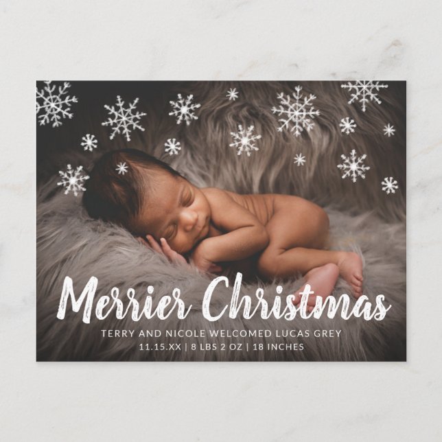 Cute Snowflakes Photo Holiday Birth Announcement Postcard (Front)
