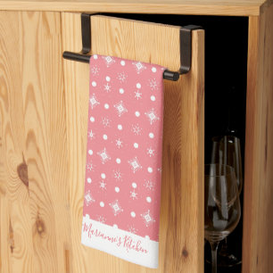Cute Snowflakes Pink White Pattern Script Name Tea Towel