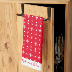 Cute Snowflakes White Pattern Script Name Red Tea Towel