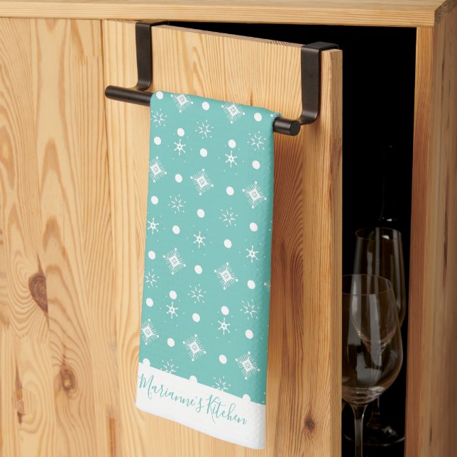 Cute Snowflakes  White Pattern Script Name Teal Tea Towel (Thirds Fold)
