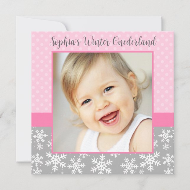 Cute Snowflakes Winter Onederland Photo Pink Grey Invitation (Front)