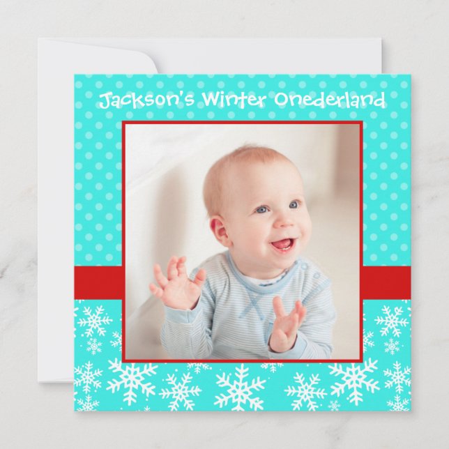 Cute Snowflakes Winter Onederland Photo Teal Red Invitation (Front)