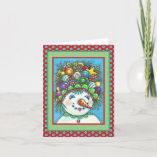 CUTE SNOWGIRL IN CHRISTMAS PARTY HAT, COLORFUL CARD