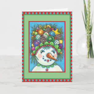 CUTE SNOWGIRL IN CHRISTMAS PARTY HAT, COLORFUL CARD