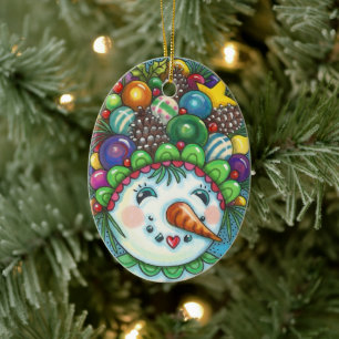 CUTE SNOWGIRL IN CHRISTMAS PARTY HAT, COLORFUL CERAMIC TREE DECORATION