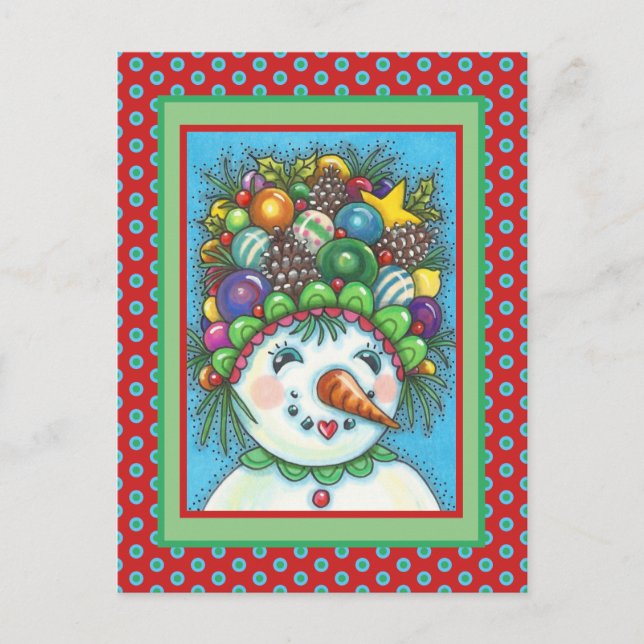 CUTE SNOWGIRL IN CHRISTMAS PARTY HAT, COLORFUL POSTCARD (Front)