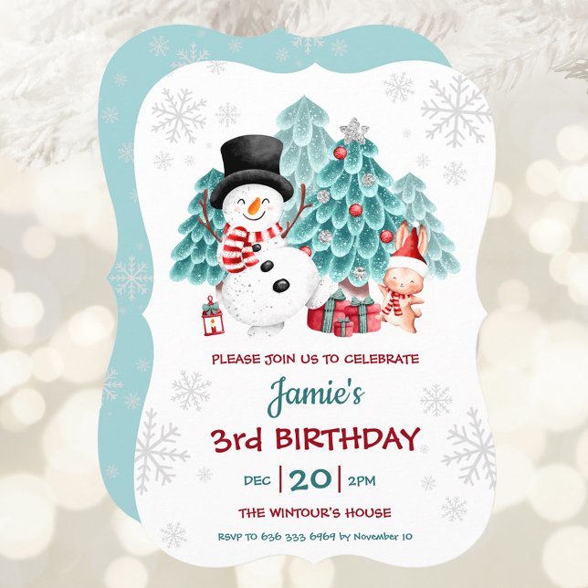 Cute Snowman and Bunny Christmas Birthday Party Invitation (Cute Snowman and Bunny Christmas Birthday Party Invitation)