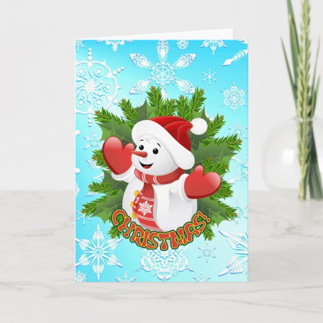 Cute Snowman and Crystal Snowflakes Christmas Card (Front)
