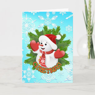 Cute Snowman and Crystal Snowflakes Christmas Card